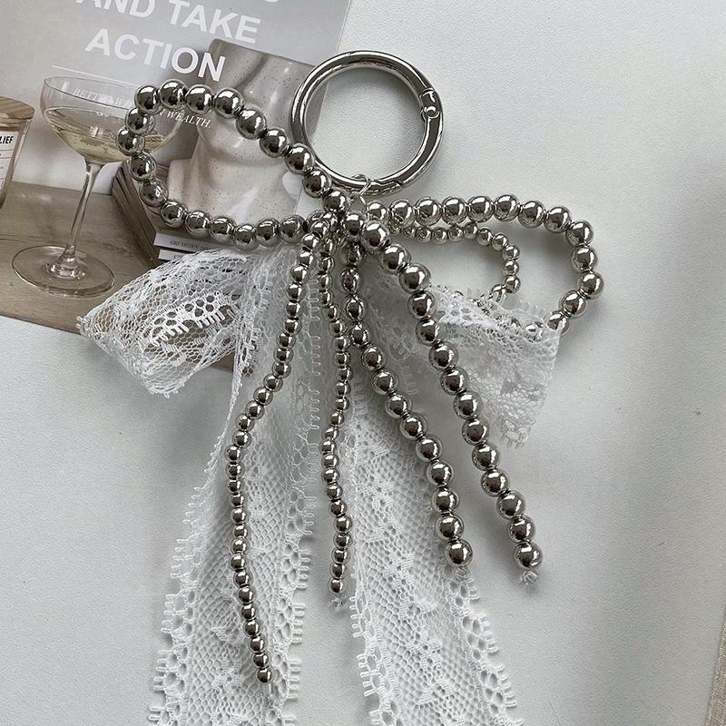 Sweet Lace Pearl Bow Keychain Pendant Car Keychain For Women Girls  Exquisite Backpack Decoration Accessories Gifts