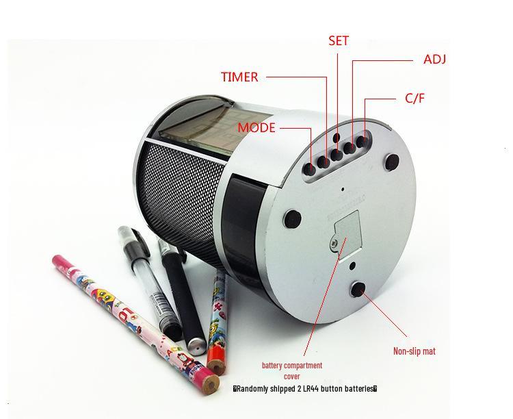 Multifunctional Metal Mesh Perpetual Calendar Pen Holder with Desktop Temperature Clock