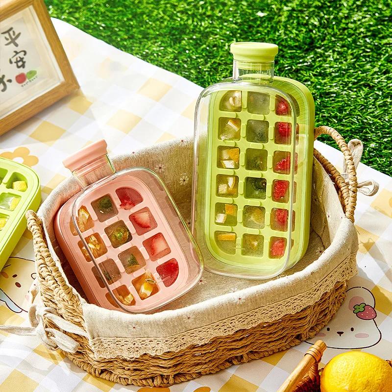 2-in-1 Portable Ice Cube Maker Cold Water Bottle with Straw Silicone Ice Cube Tray Easy Press Demould Zero Contact Ice Cube Mold