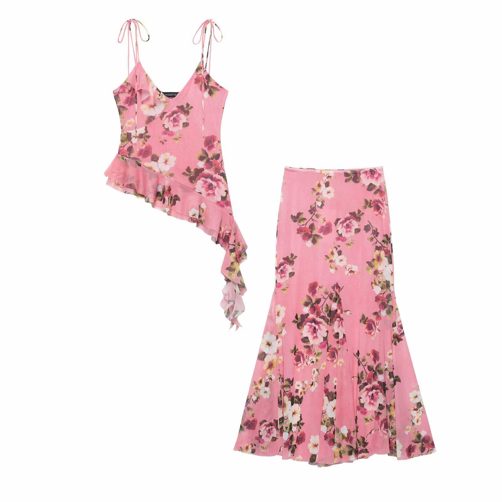 

2025 Spring European & American Women s Printed Silk Camisole + Skirt Set S