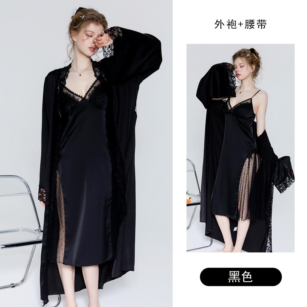 Women's Satin Lace Sheer Mesh Padded Long Cami Sleep Dress with Robe Lounge Set