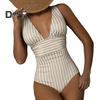 Women Monokini Deep V-Neck Sleeveless Slim Fit One-Piece Bikini Striped Print High Waist Tummy Control One-piece Swimsuit