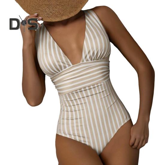 Women Monokini Deep V-Neck Sleeveless Slim Fit One-Piece Bikini Striped Print High Waist Tummy Control One-piece Swimsuit