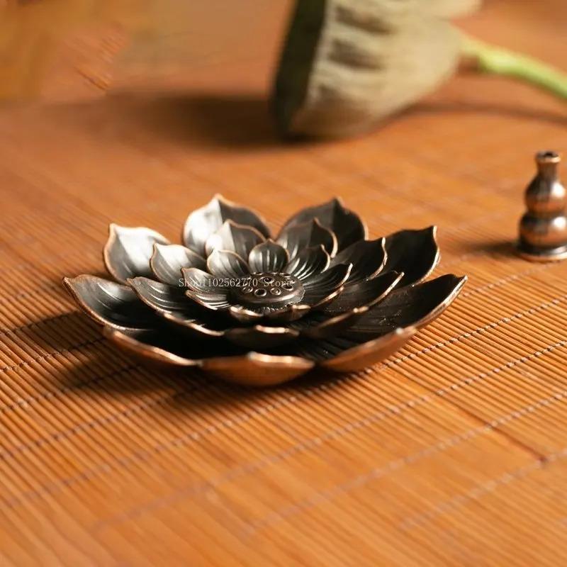 Buddhism Lotus Alloy Incense Burner - Line Incense Plate & Sandalwood Coil Base, Decoration For Temples Yoga Studios Home
