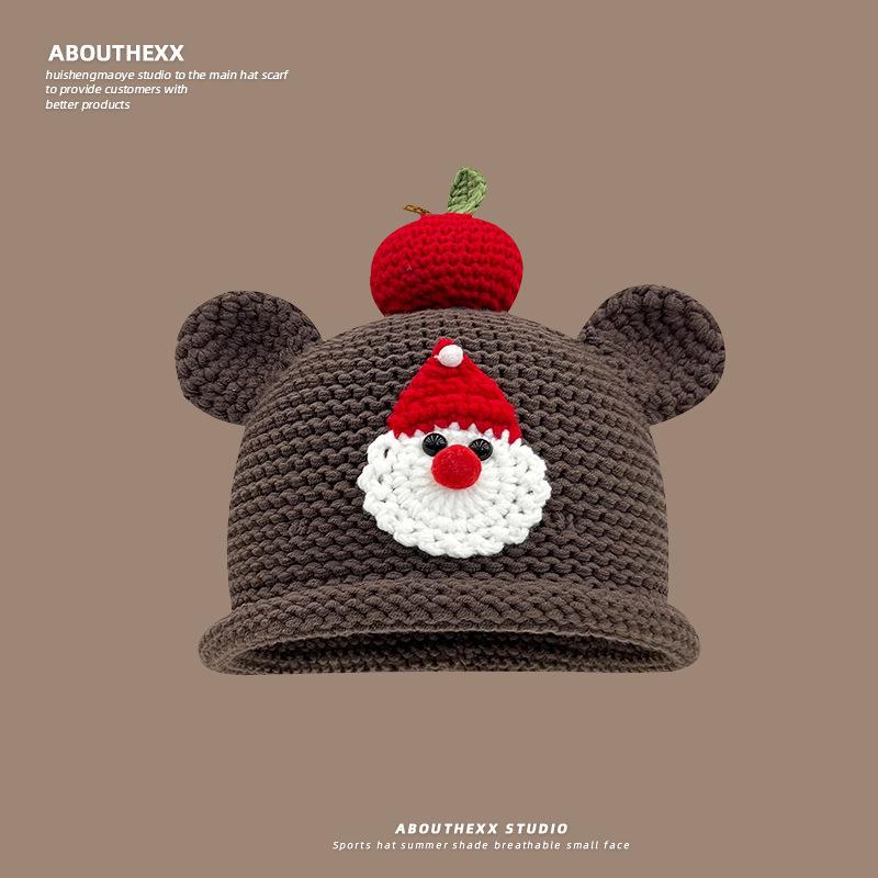 Cute Bear Apple Knitted Hat for Women New Autumn and Winter Warm and Versatile Pullover Hat Showing Face Small Woolen Hat