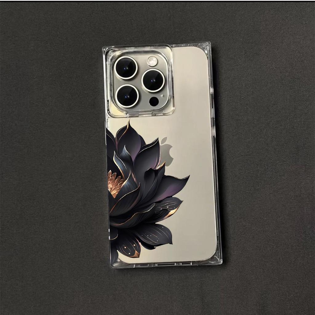 Transparent Square Back Tube Case Casing Protection For iPhone 15 Plus 11 14 Pro Max 16 ProMax 13 12 Anti-Oxygen,Black Lotus Pattern
