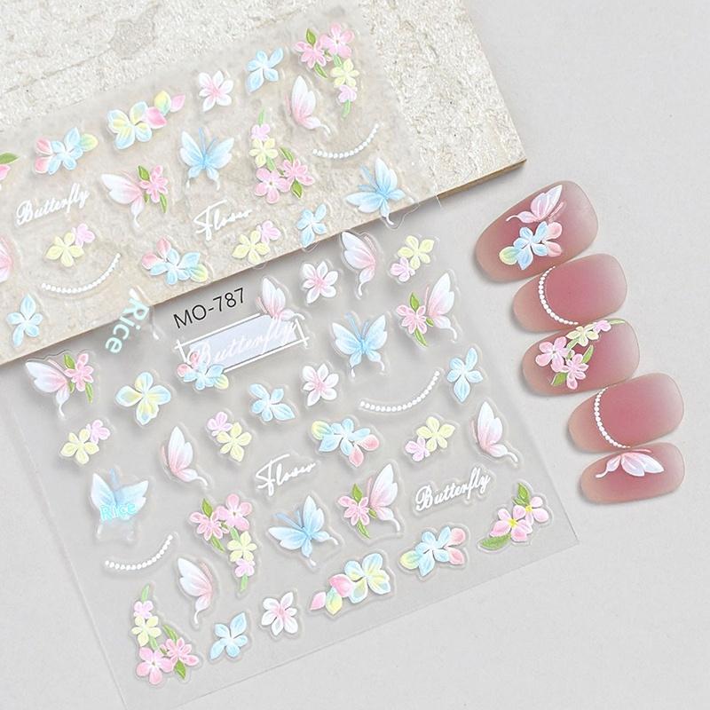 Dopamine Spring Flowers Butterfly Small Flowers Tulip Relief 3D Nail Stickers Decoration Colorful Bow Butterfly Manicure Sliders
