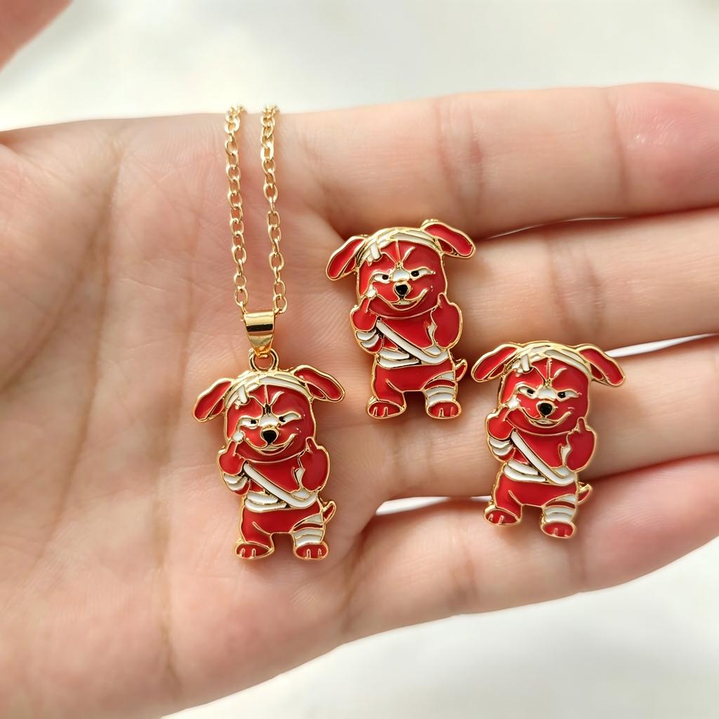 1011 popular little red dog necklace, stud earrings, jewelry set, cute little animal alloy oil dripping jewelry.