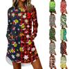Women's Casual Long Sleeve Neck Dress with Christmas Print for Holiday Party