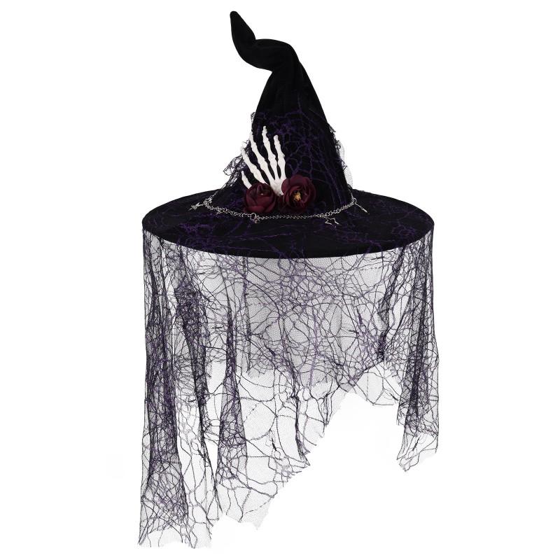 Vintage Witch Hat With Veil Skull Hand Decor Halloween Party Cosplay Costume Accessory