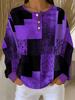 Women's Waffle Henley Collar Button-down Long-sleeved Top Purple and Black Contrast Patchwork Square Print Casual Pullover