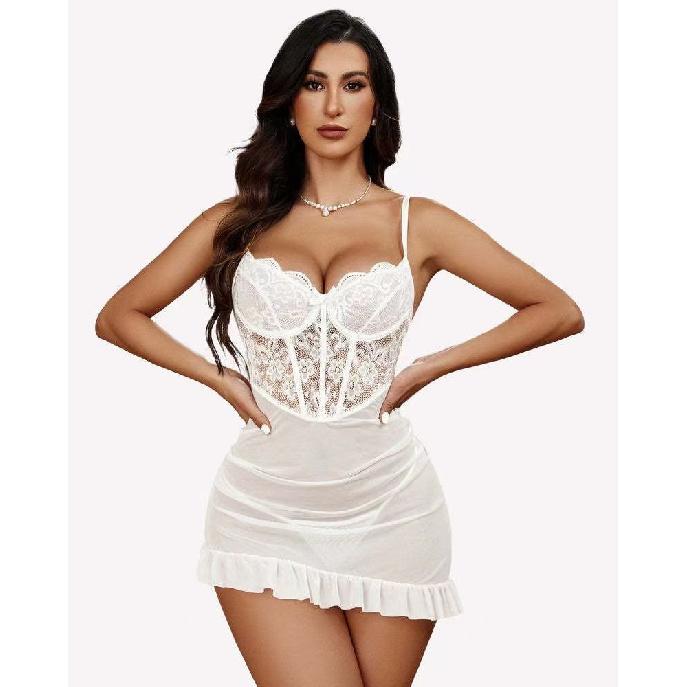 Plus Size Sexy Corset Bodycon Mini Dress Chemise Ruffle Lace Mesh Perspective Underwire Babydoll Lingerie Set 2 Piece with ThongGood product