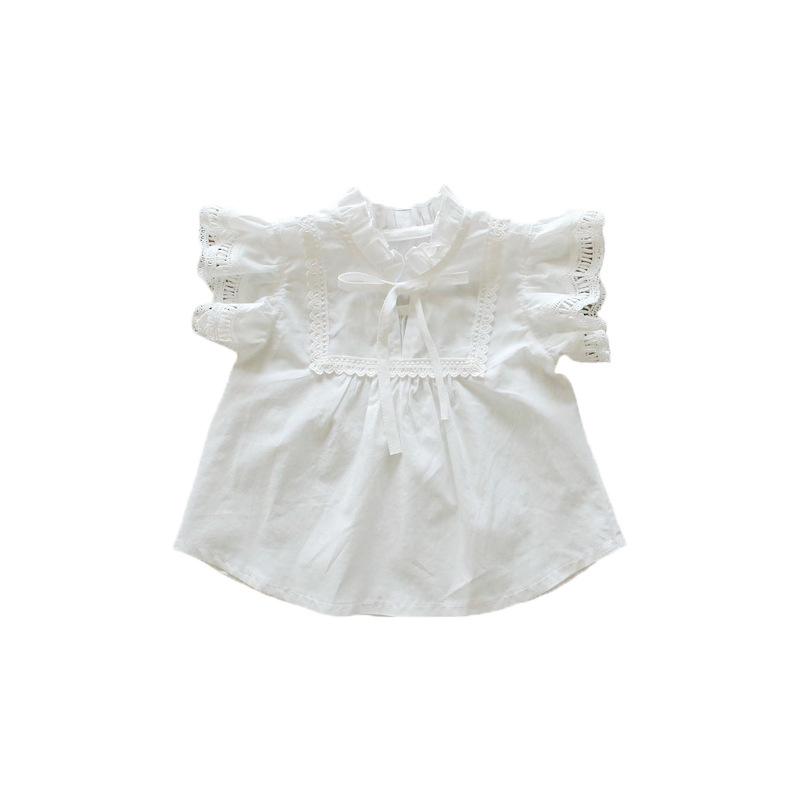 Girls Summer Mullet Neck Thin Embroidered Lace Shirt Middle Child Solid Color Standing Collar Breathable Comfortable T-Shirt