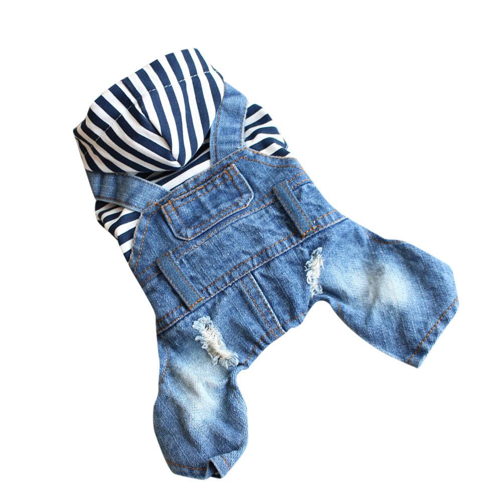 1pc Pet Dog Clothes Stripe Hooded Jumpsuit Denim Puppy Outfit For Outdoor Sleeping Photos Suspenders Clotes Warm Comfortable