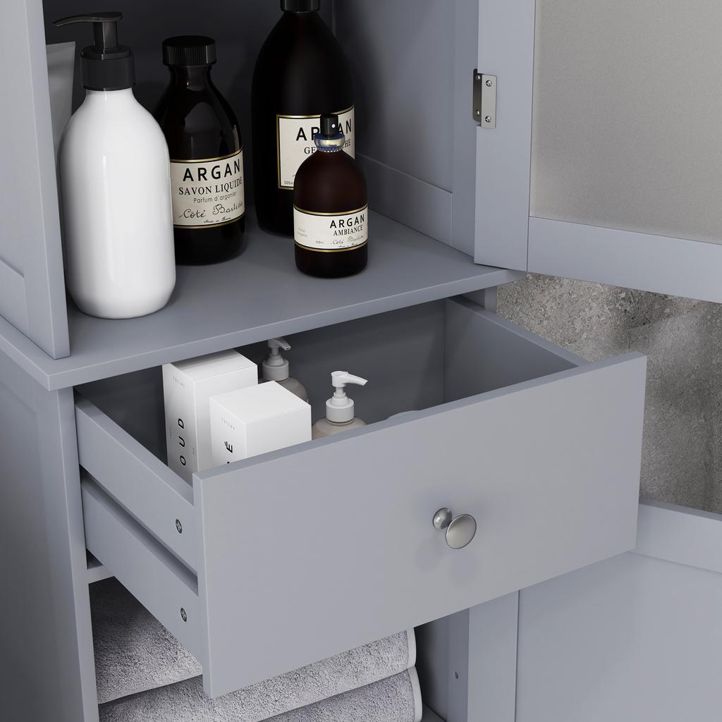 Mobiletto da Bagno con Ripiano a 3 Piani, Cassetto, Ante, Mobile Basso Autoportante Alto Sottile Organizzatore Laterale, Grigio