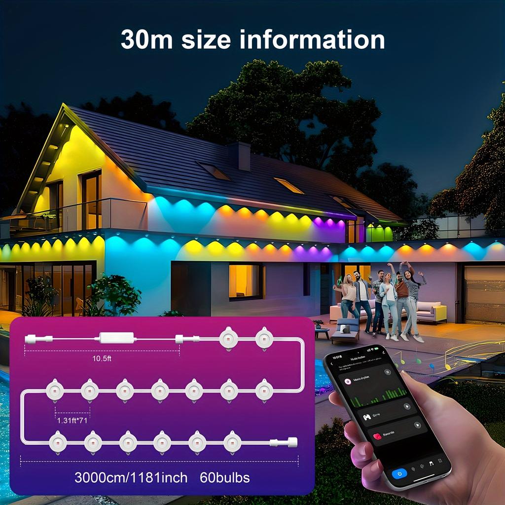 Regenbogenfarbene Dachtraufenlichter - Intelligente kabellose APP-Steuerung, permanente RGB-IC-Lichterketten für den Außenbereich - Perfekt für Dekoration, Weihnachten, Partys,