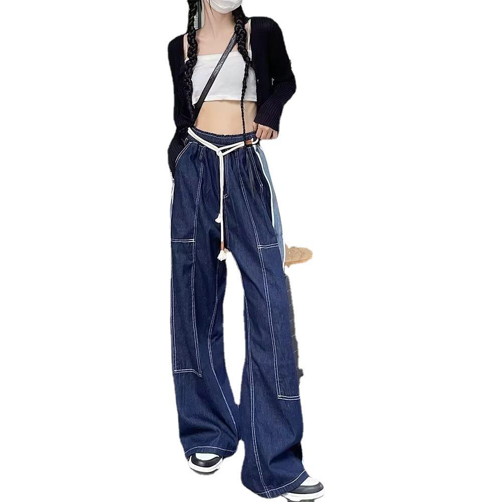 Women's Elastic Waist High-Waist Loose Straight Leg Jeans with Drape - Spring Style Slimming Wide-Leg Pants