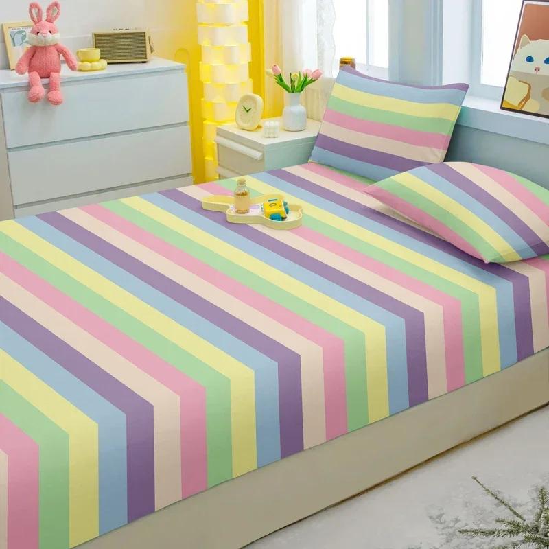 3-Piece Simple Modern Stripe Pattern Matte Three Piece Fitted Sheet Set, Bedroom Printed Bed Cover Set, Bedding