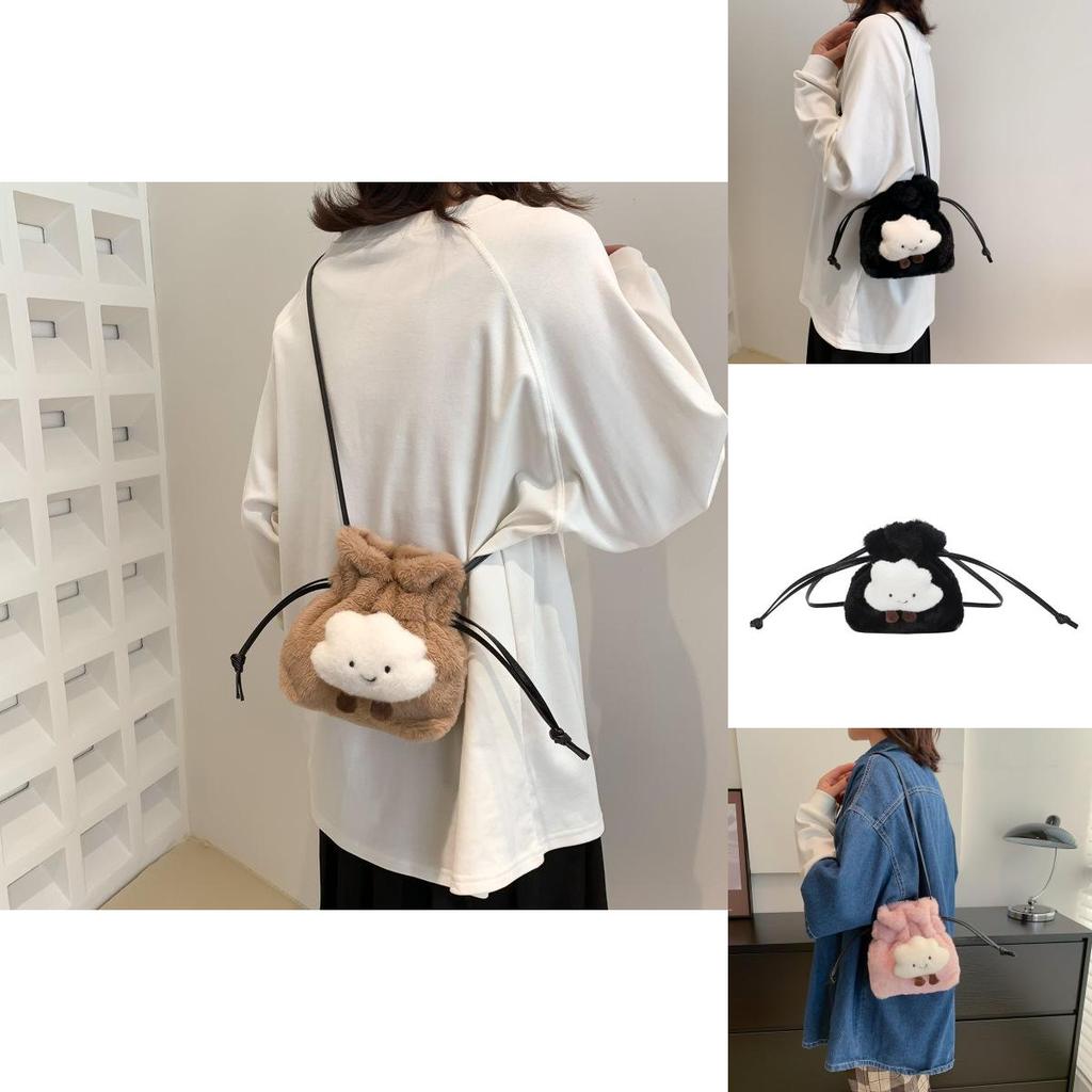 Adorable Plush Bucket Bag For Women Stylish Soft Pu Crossbody Purse In Black White Pink Khaki