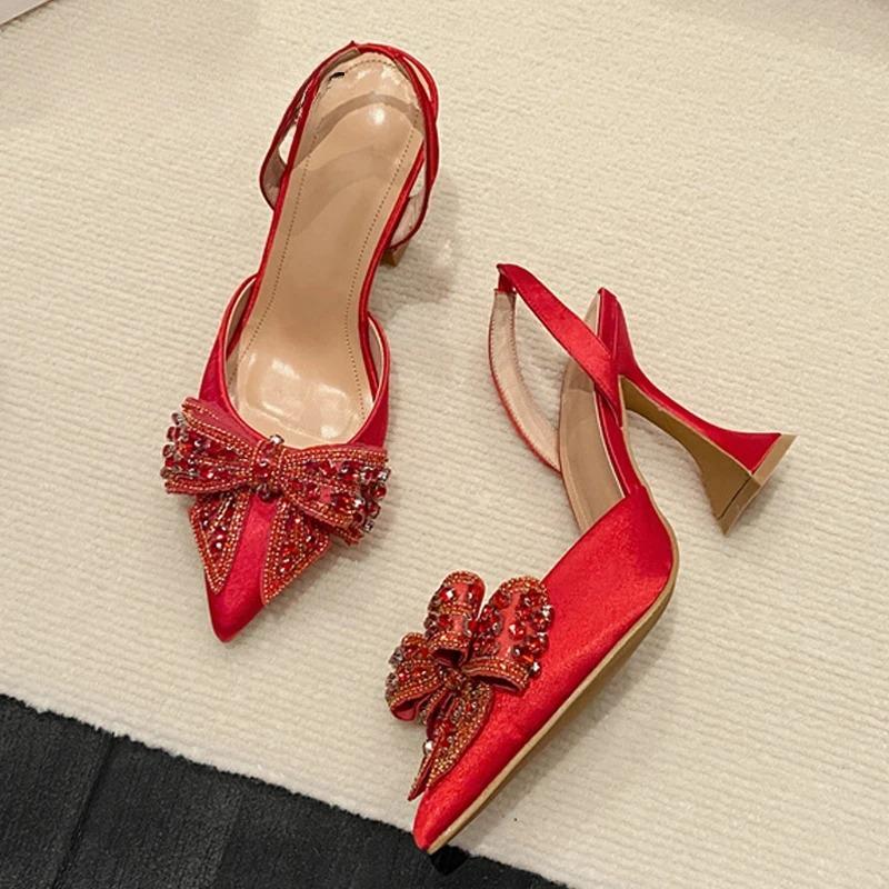 Fashion Luxury Women's High Heels Fashion Glitter Rhinestones Pumps Crystal Bowknot Satin Pointed Toe Shoes for Women Wedding Prom Shoes