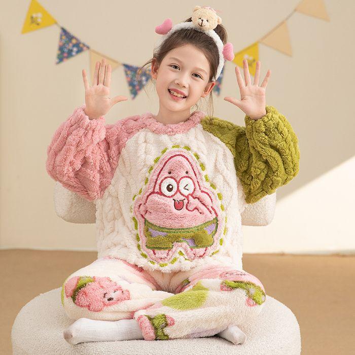 Kids Flannel Pajamas Set Boys Girls Warm Long Sleeve Top And Pants Sleepwear Winter Home Nightwear