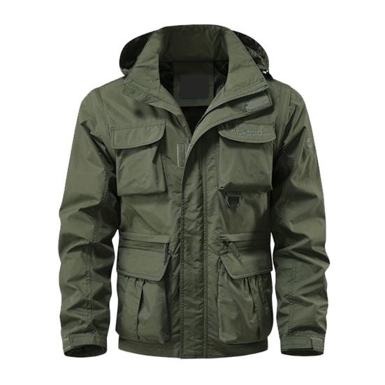 Pánská bunda Odstranění klopy Bunda s kapucí a dlouhým rukávem Kabát s více kapsami Design Jednobarevná léga na zip Venkovní bunda