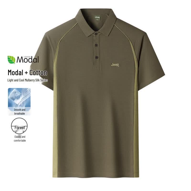 JEEP Men s Breathable Cotton Silk Blend Short Sleeve Polo Shirt 2XL армия зеленый