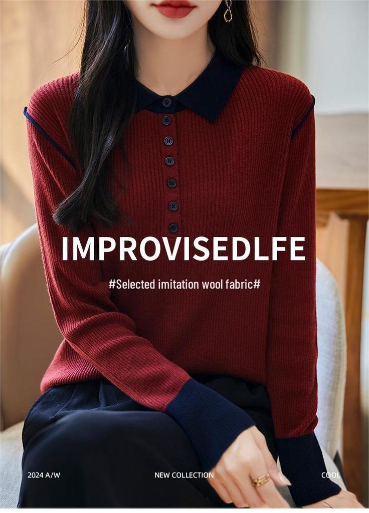 Color-Block Wool Knit Long Sleeve Polo Sweater