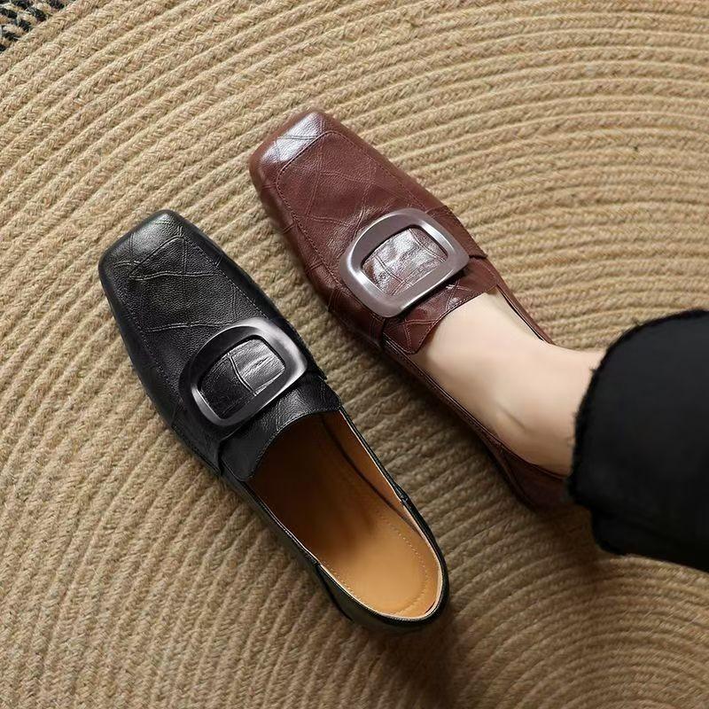 2025 Spring Women Loafers Square Toe Chunky Heel Women Shoes Genuine Shoes for Women Retro Square Button Women's Pumps