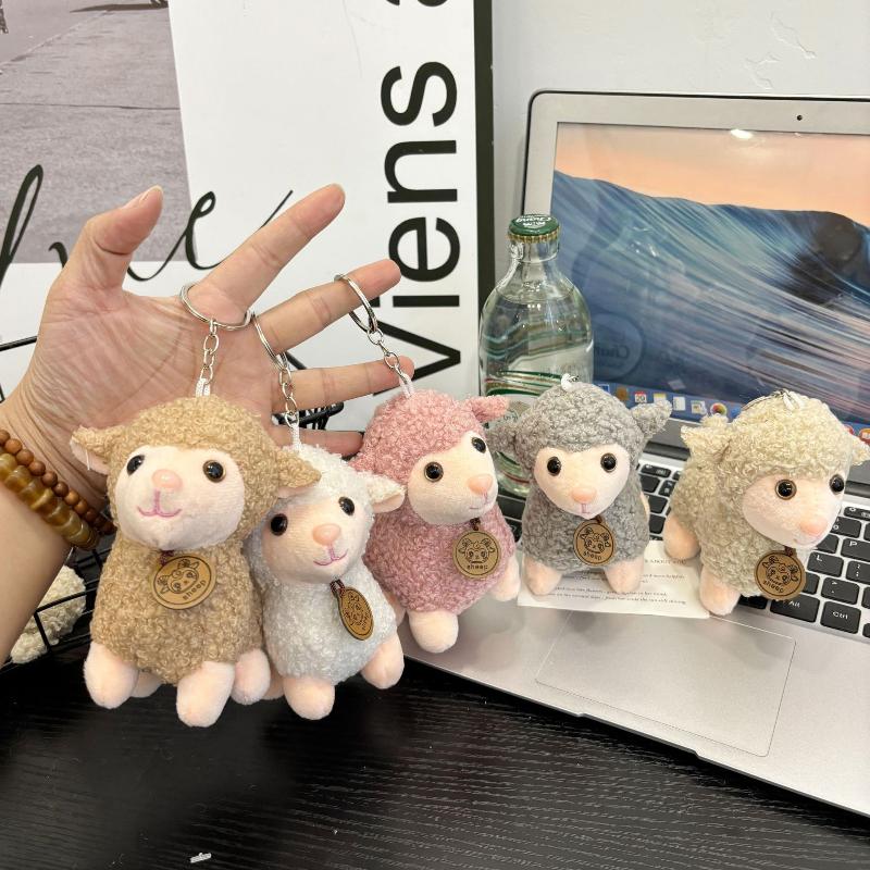 Cute Soft Plush Sheep Keychain Fluffy Straw Hat Plaid Bow 1Pcs Portable Key Ornament for Travel Backpack Decor
