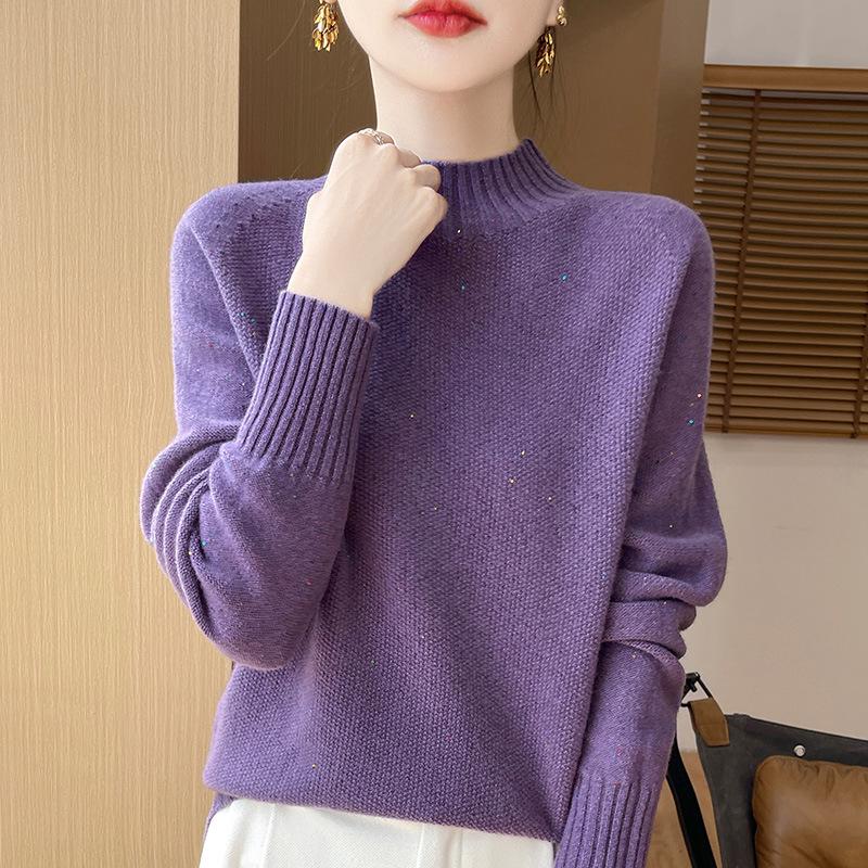 2024 Autumn/Winter High Neck Beaded Wool Sweater - Long Sleeve, Loose Fit