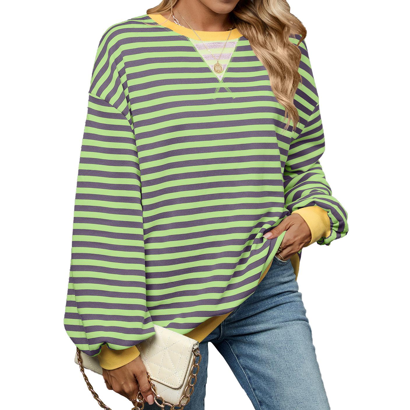 

Осенне-зимняя женская толстовка с круглым вырезом и длинными рукавами в полоску, с яркими цветовыми сочетаниями XXL темно-фиолетового/зелёный