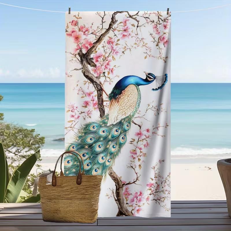 Luxurious Magical Peacock Beach Towel Large Soft Absorbent Towel Vibrant Peacock Glowing Golden Feathers Art Print Towel