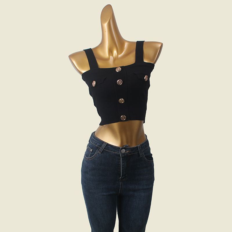 Bajia Metal Buckle Black Camisole Women's Summer Short Inner Wear Silm Sexy Knitting Tops