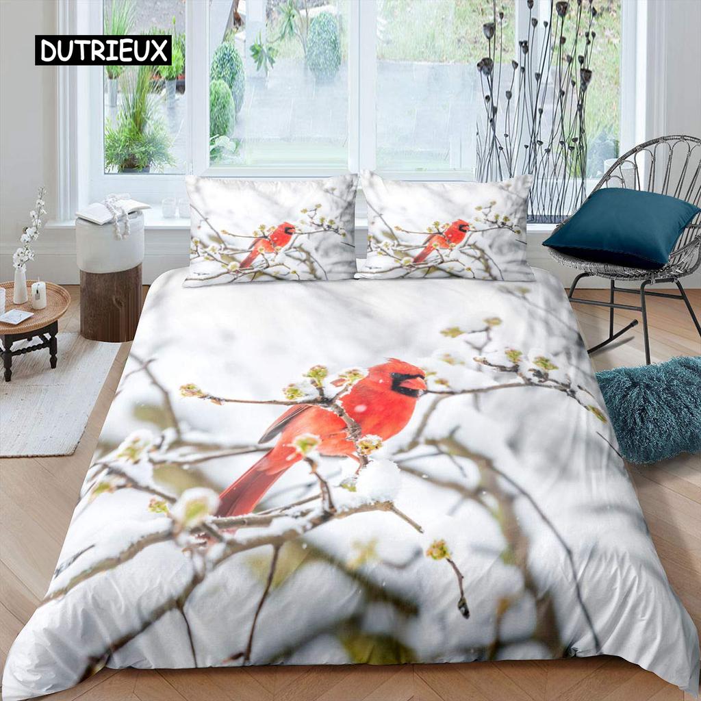 Kardinal Bettbezug Set Roter Vogel Bettwäsche Set für Kind Jugendliche Kiefer Baum Bettdeckenbezug Tier Schnee King Size Weicher Steppdeckenbezug