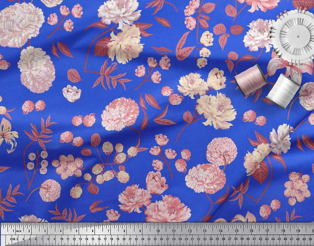 Soimoi Japan Crepe Satin Fabric Leaves,Peony & Dahlia Flower Printed Fabric 1 Metre 42 Inch