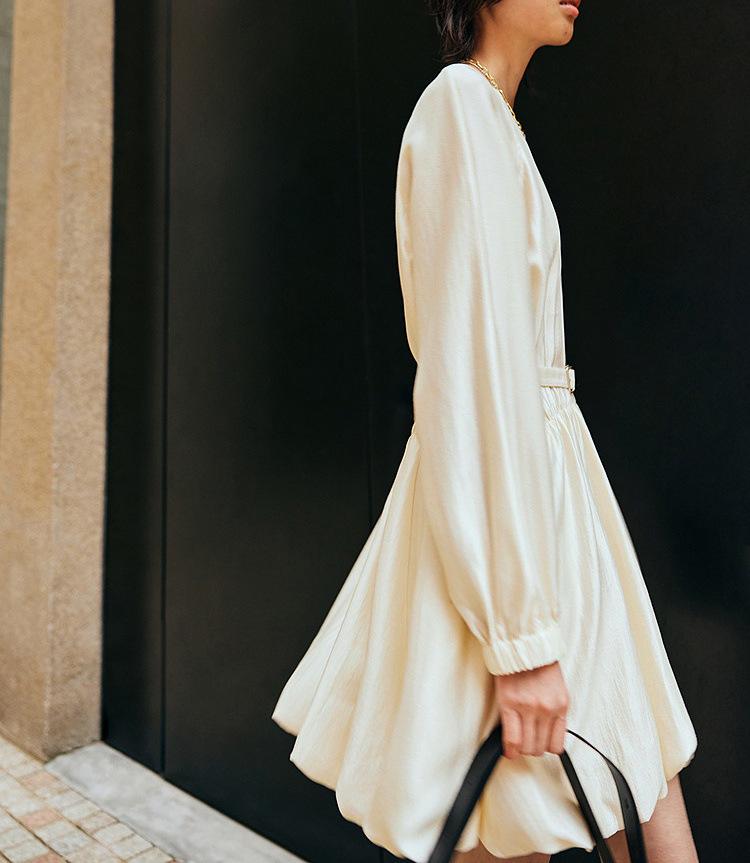 2026 Spring French Drape Puff Sleeve Belted Fluffy Skirt Dress for Women