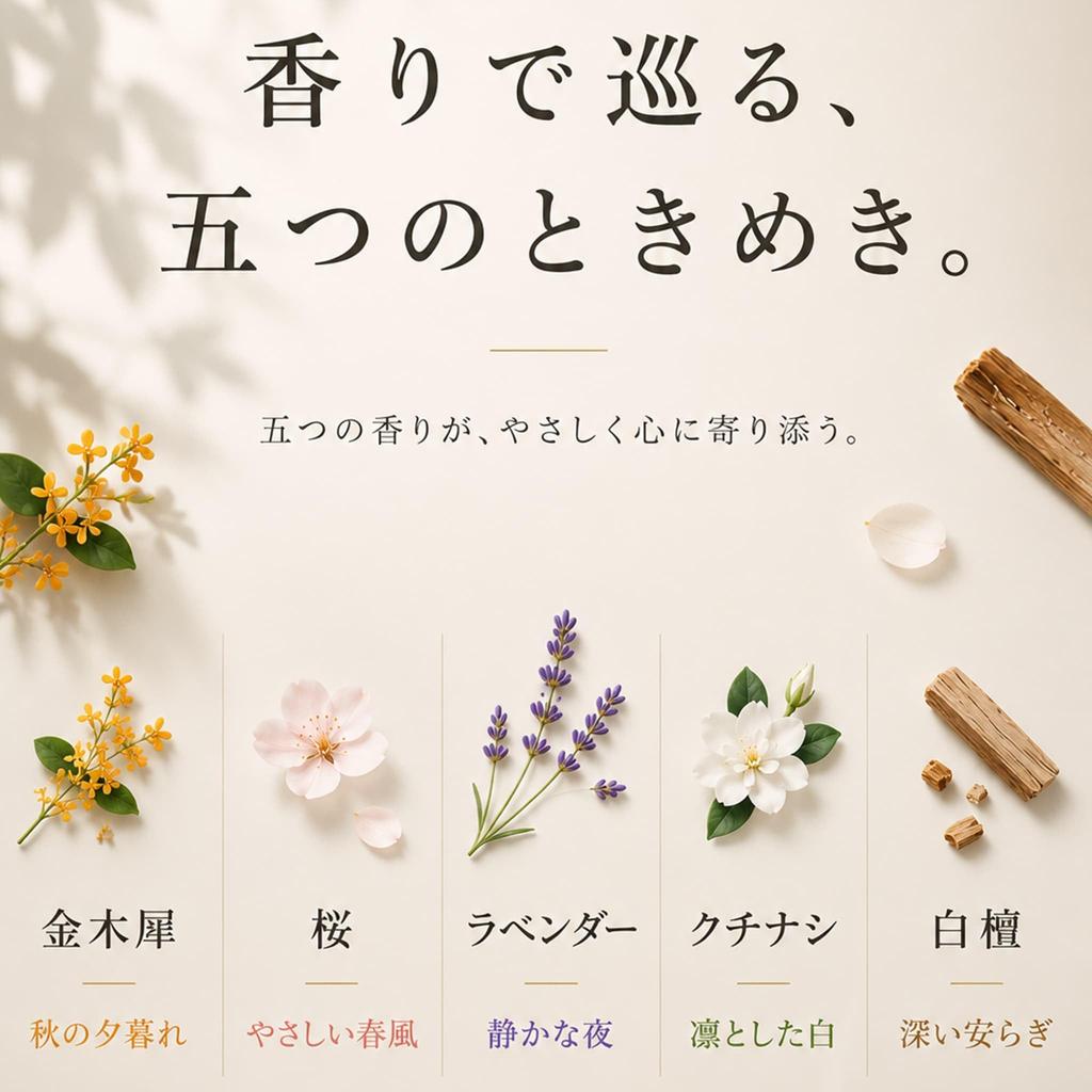 Monogokoro Low Smoke Japanese Incense 5 Scents 50 Sticks 90 Percent Natural Fragrance Brass Holder Awaji Island Aroma Set