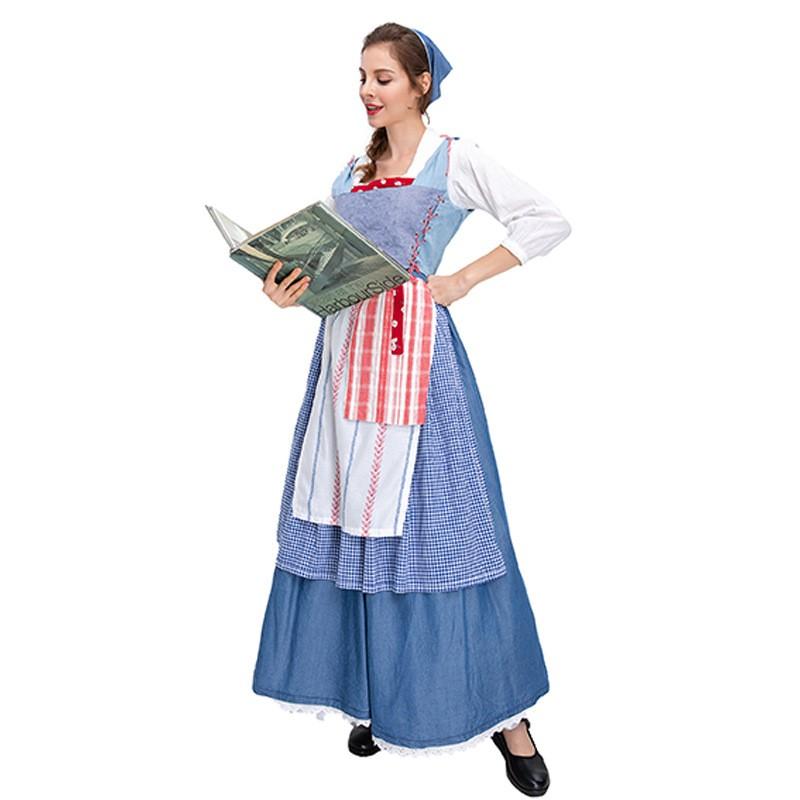 Halloween Costume Dress Women Cosplay Farmhouse Maid Vintage Ethnic Style Long Gown Role Play Outfit