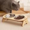 Elevated Pet Bowls Tilted Single/Double Cat Stainless Steel Food Bowls Wooden Dog Water Feeding Container Cat Supplies