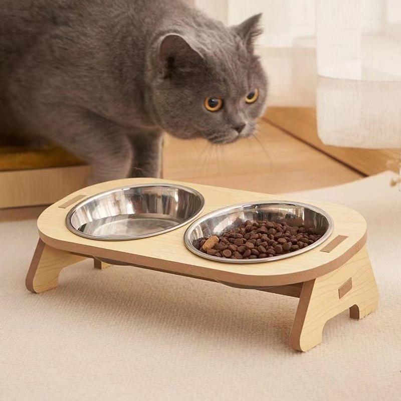 Elevated Pet Bowls Tilted Single/Double Cat Stainless Steel Food Bowls Wooden Dog Water Feeding Container Cat Supplies