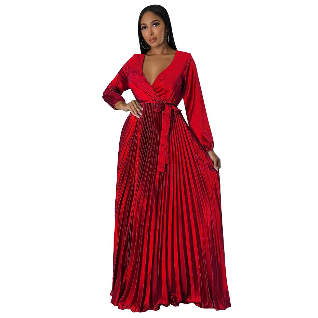 Autumn Winter New Women's V-Neck Lantern Sleeve Tie-Waist Pleated Dress Long Satin Gown Pleated Dress Long Skirt