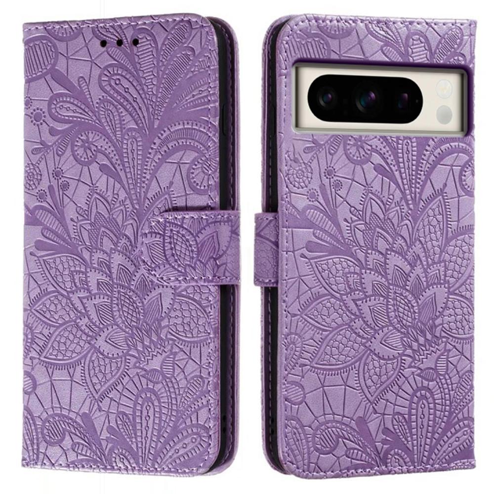 

For Google Pixel 8 Pro Case Lace Flowers PU Leather Flip Wallet Phone Cover Purple