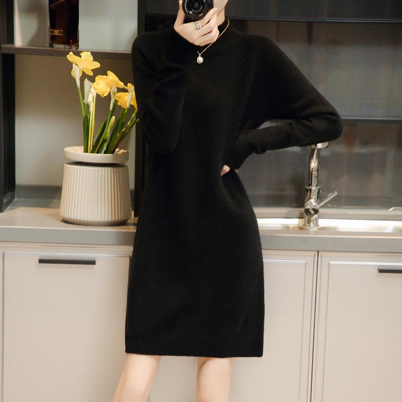 Half Turtleneck Sweater Mid-length Solid-color Knitted Dress for Women Casual Loose Pullover Autumn and Winter Top
