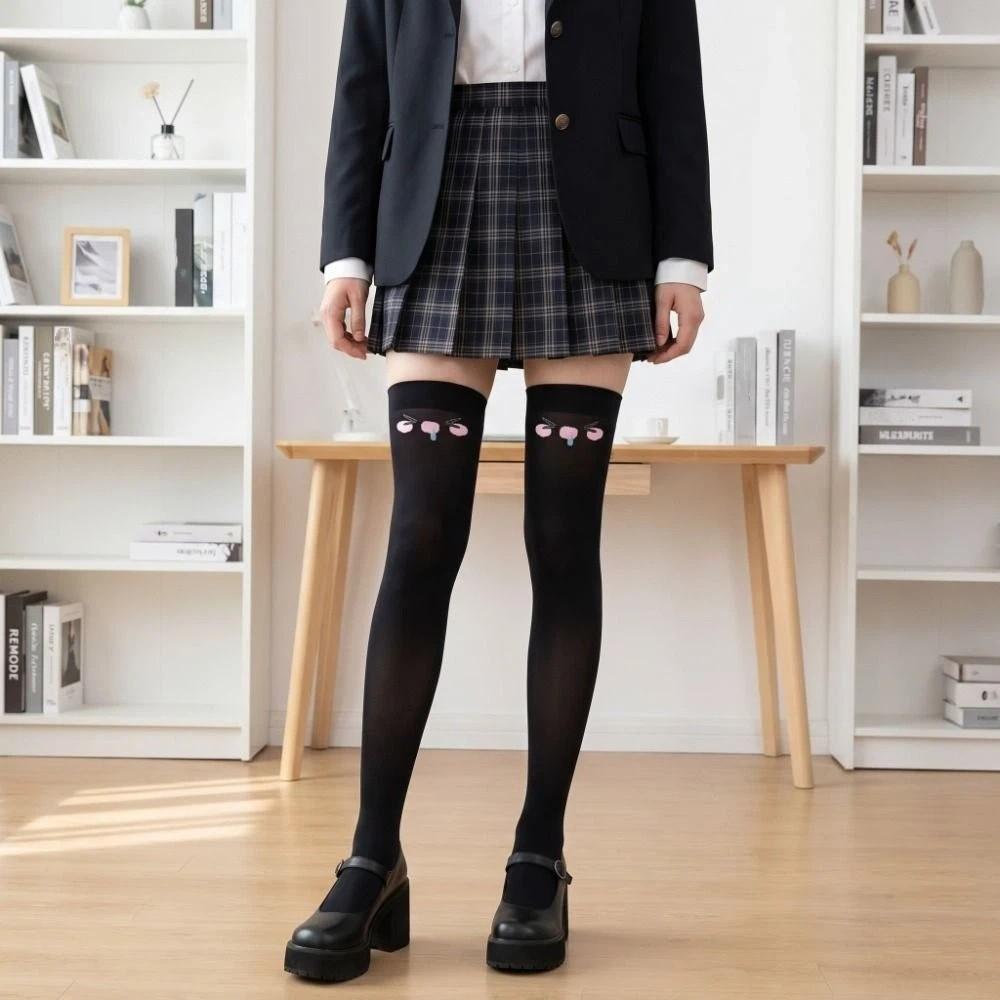 Printed Design Kawaii Stockings Cat Ear Thigh High Stockings Comfortable Women Long Socks Student