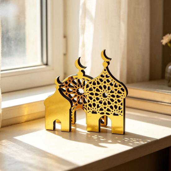 Gold Acrylic Table Art 3PCS Ramadan Golden Castle Ornament, Hollow Mosque Design, Thick Wood And Decorative Wooden Signs Desktop Accents, Religious