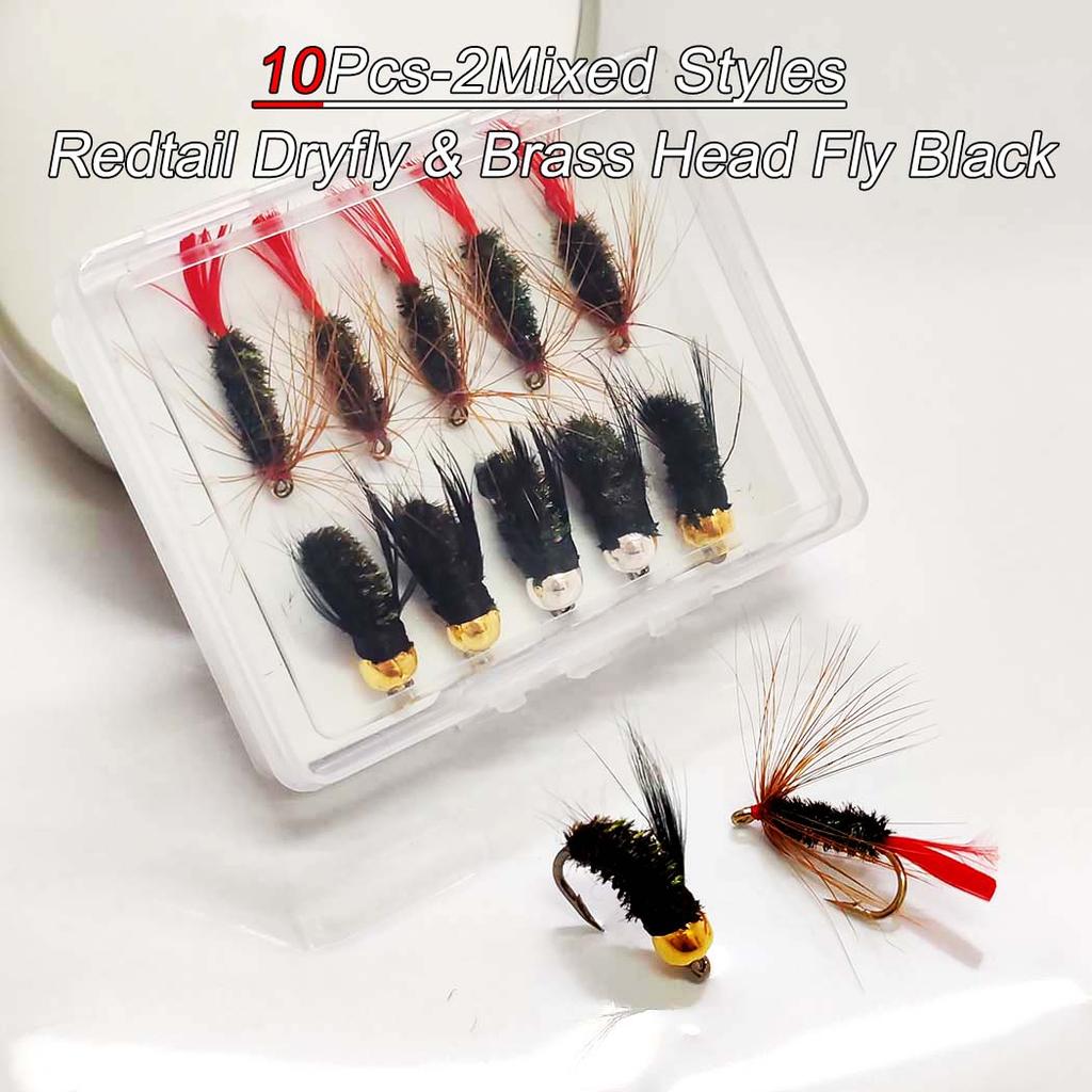 6/10Pcs(Brass Head Black Artificial Tying Fly Fishing Flies Hook & Red tail Dry fly)2Mixed Styles-Trout Dry fly Fishing Perch/Carp Lure Bait