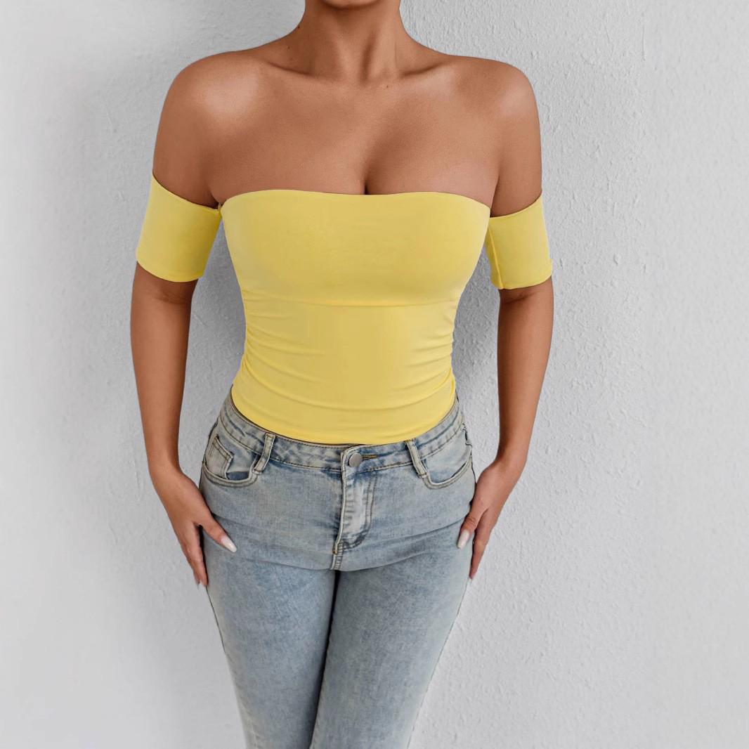 

Женский летний сексуальный топ с открытыми плечами, без бретелей, на запах L светло-желтого