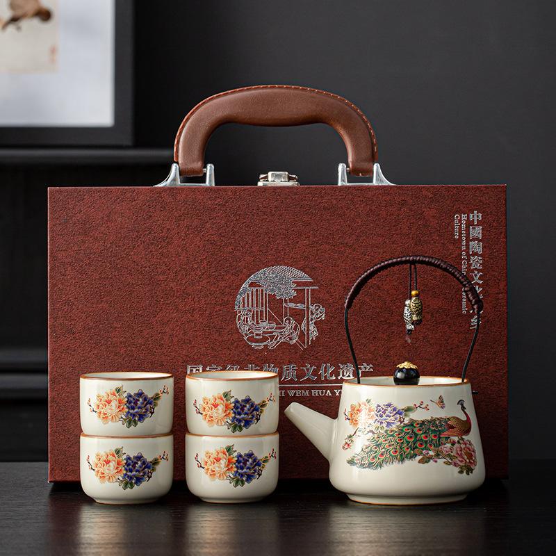 Ru Kiln Celadon Loop Handle Teapot Set Gongfu Tea Ceremony Chinese Style Corporate Business Gift Boxed Souvenir