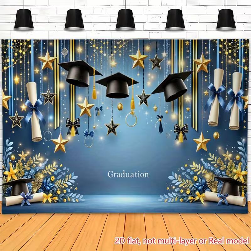2D Graduation Photography Backdrop Blue Gold Cap and Scroll Party Background